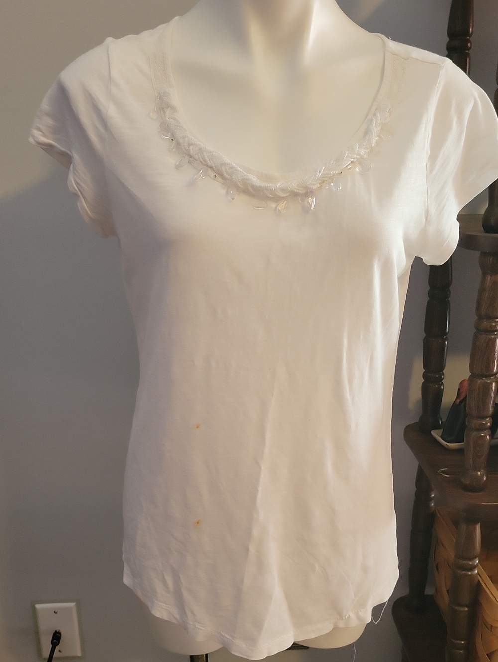 LOFT White Short Sleeve Scoop Neck Tee with Beaded Trim...size Large